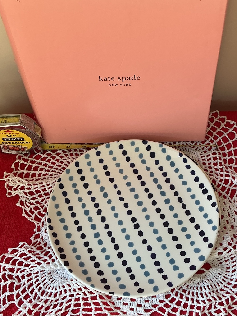 kate spade White Ceramic Accent Plate with Navy and Light Blue Dots New